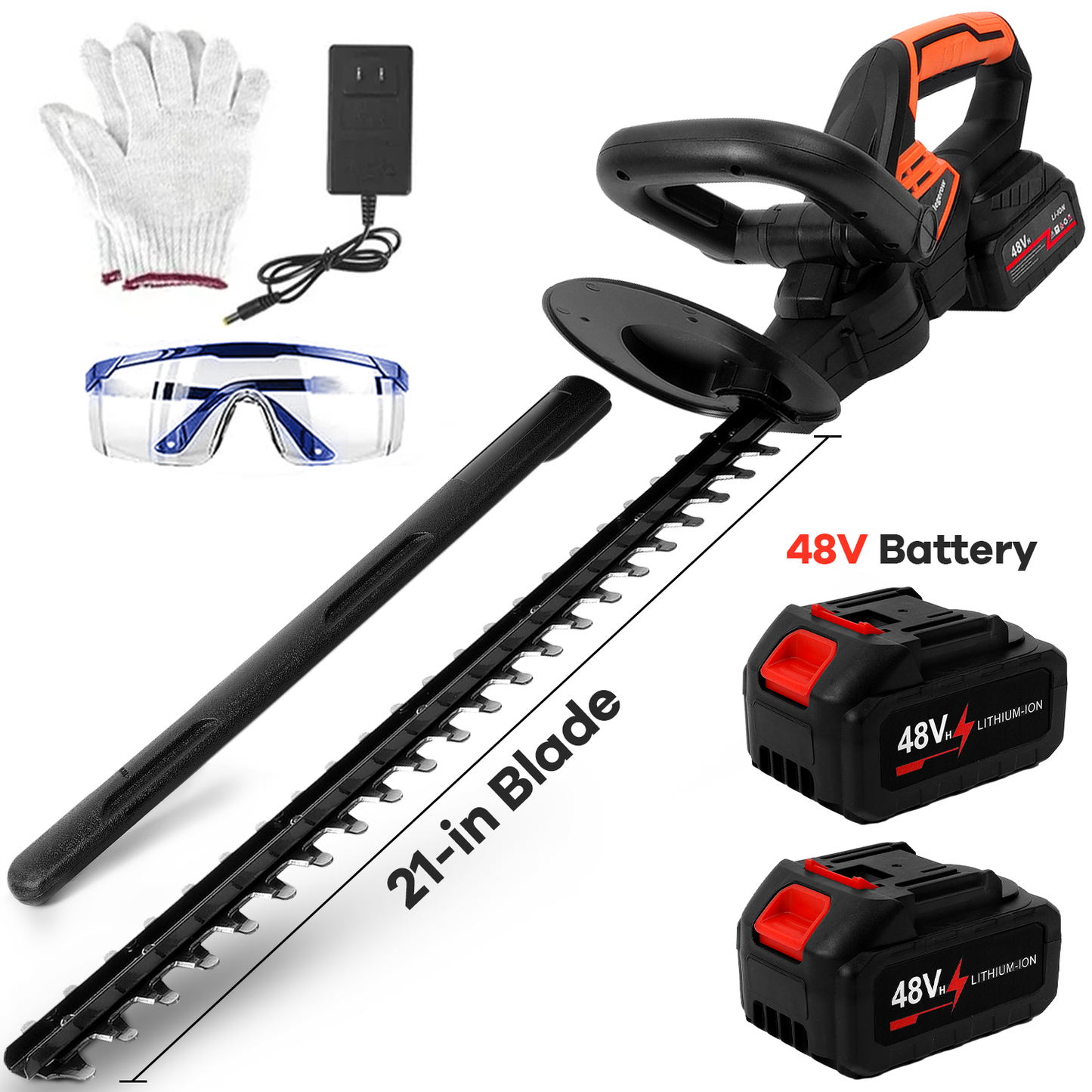 Hedge Trimmer Cordless , HDJ 21-Inch Steel Blade Max Cordless Hedge Trimmer with 48V Battery and Fast Charger, Electric Hedge Trimmer Cordless, Black and Orange