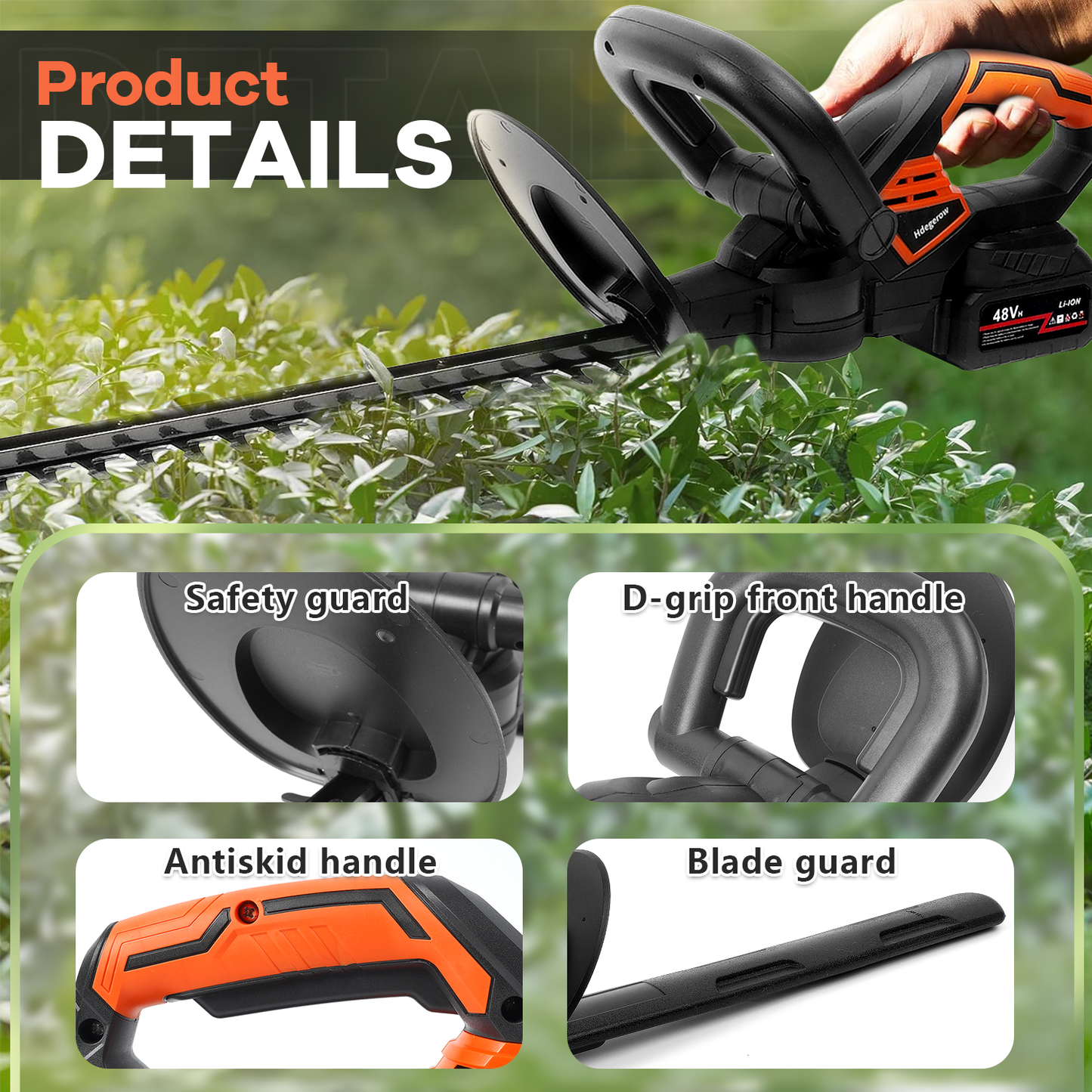 Hedge Trimmer Cordless , HDJ 21-Inch Steel Blade Max Cordless Hedge Trimmer with 48V Battery and Fast Charger, Electric Hedge Trimmer Cordless, Black and Orange