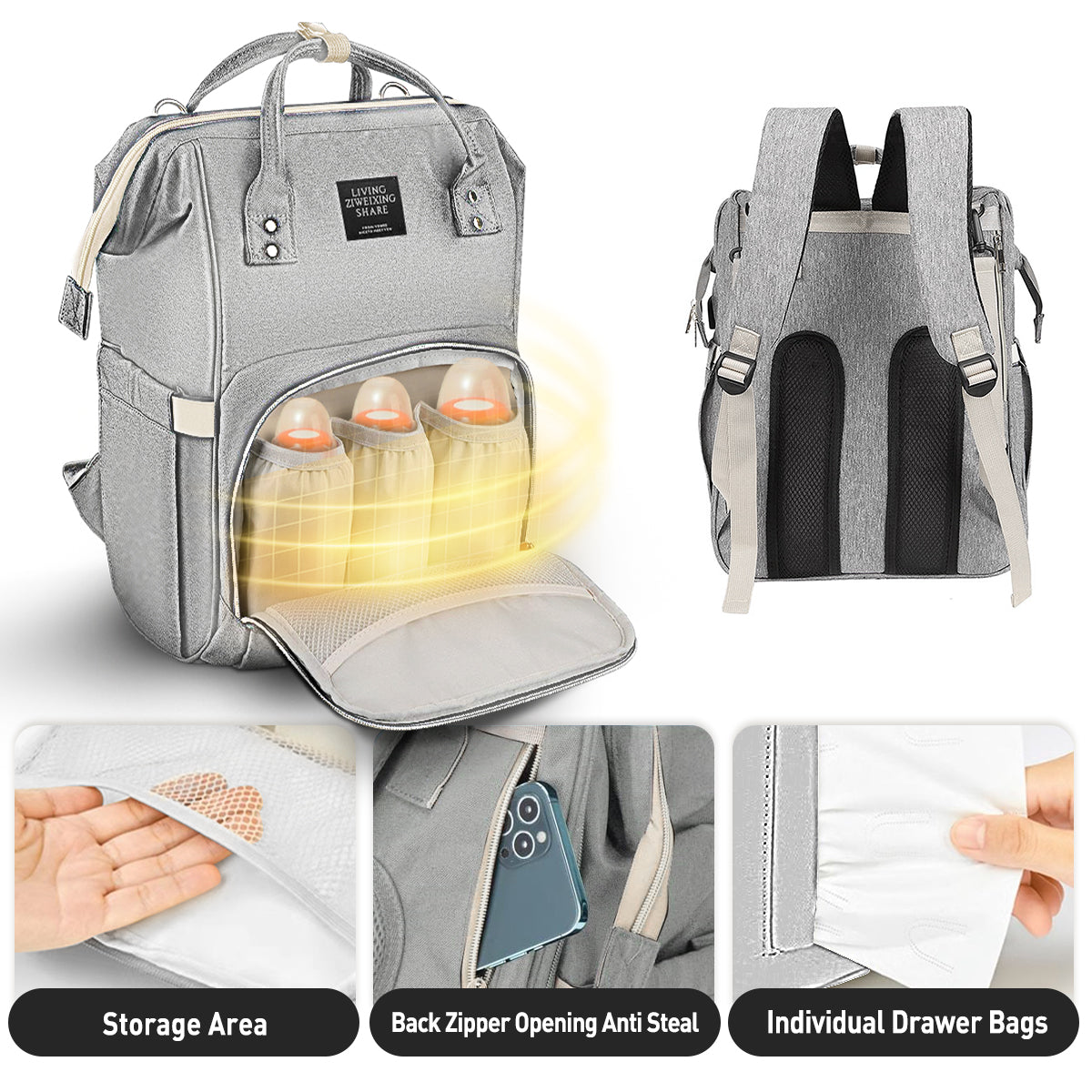 Diaper Bag Bacpack, HDJ Large Capacity Travel Diaper Bag with Insulated Milk Bottle Pocket for Mommy