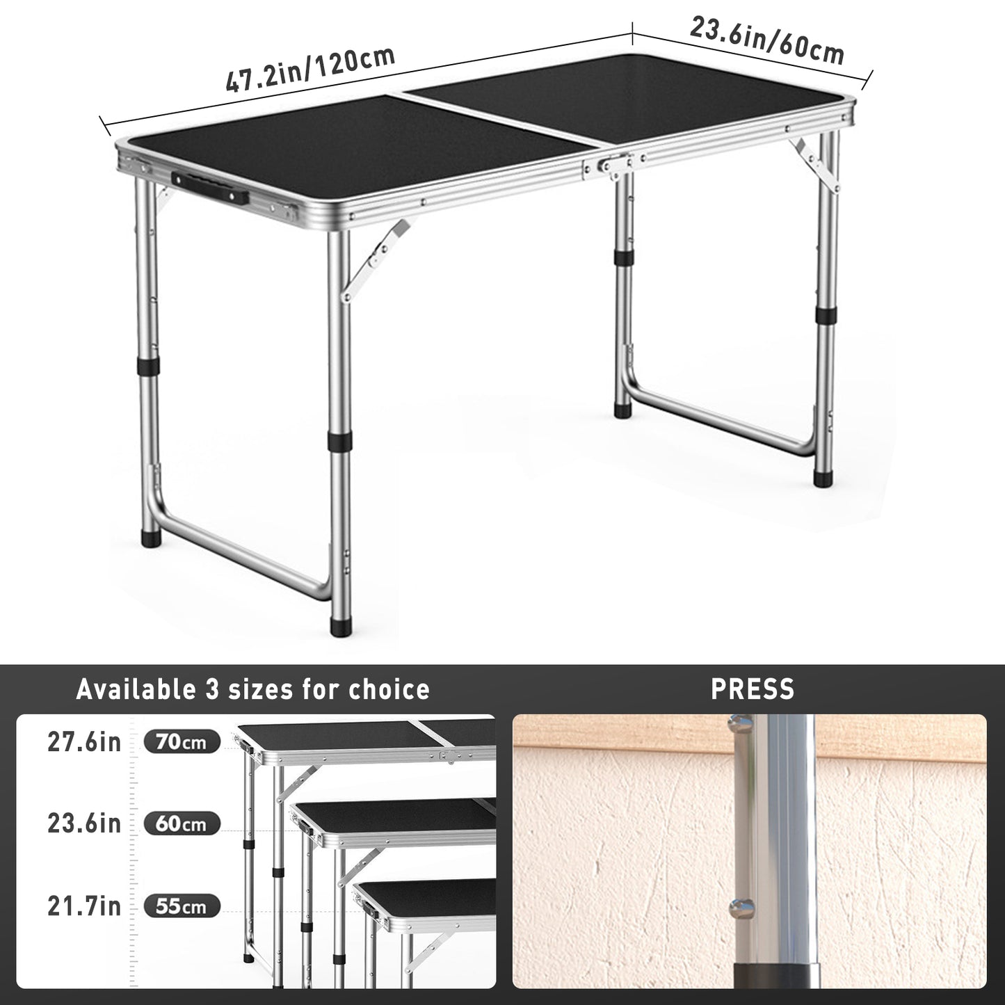 Folding Outdoor Picnic Camping Table, HDJ Portable Aluminum Kitchen Grill Table 47" x 24" with Adjustable Height for Travel Beach, Backyards, BBQ, Picnic, Black