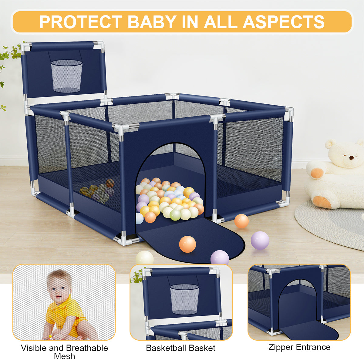 50 Inch Baby Playpen,Portable Playard Fence with Basketball Hoop Breathable Mesh for Indoors Outdoors Infant Toddler Kids