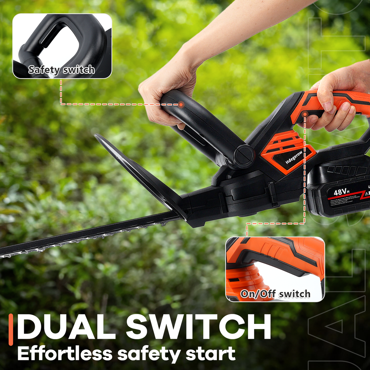 Hedge Trimmer Cordless , HDJ 21-Inch Steel Blade Max Cordless Hedge Trimmer with 48V Battery and Fast Charger, Electric Hedge Trimmer Cordless, Black and Orange