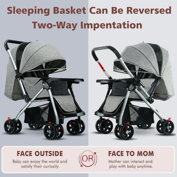 Baby Stroller, HDJ Folding High Landscape Infant Carriage, Reversible Bassinet Pram with Storage Basket, Anti-Shock Toddler Pushchair Stroller, Grey