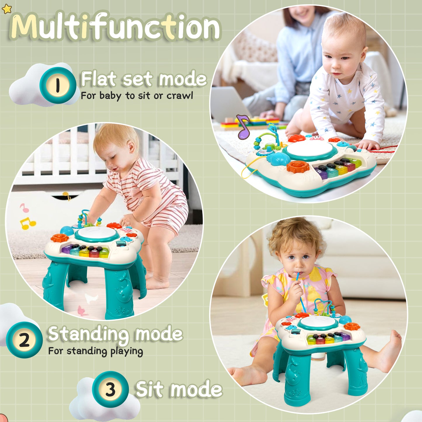 Musical Learning Table, HDJ Infant Toddler Activity Center Baby Toys for Boys and Girls Age 6 to 36 Months, Green