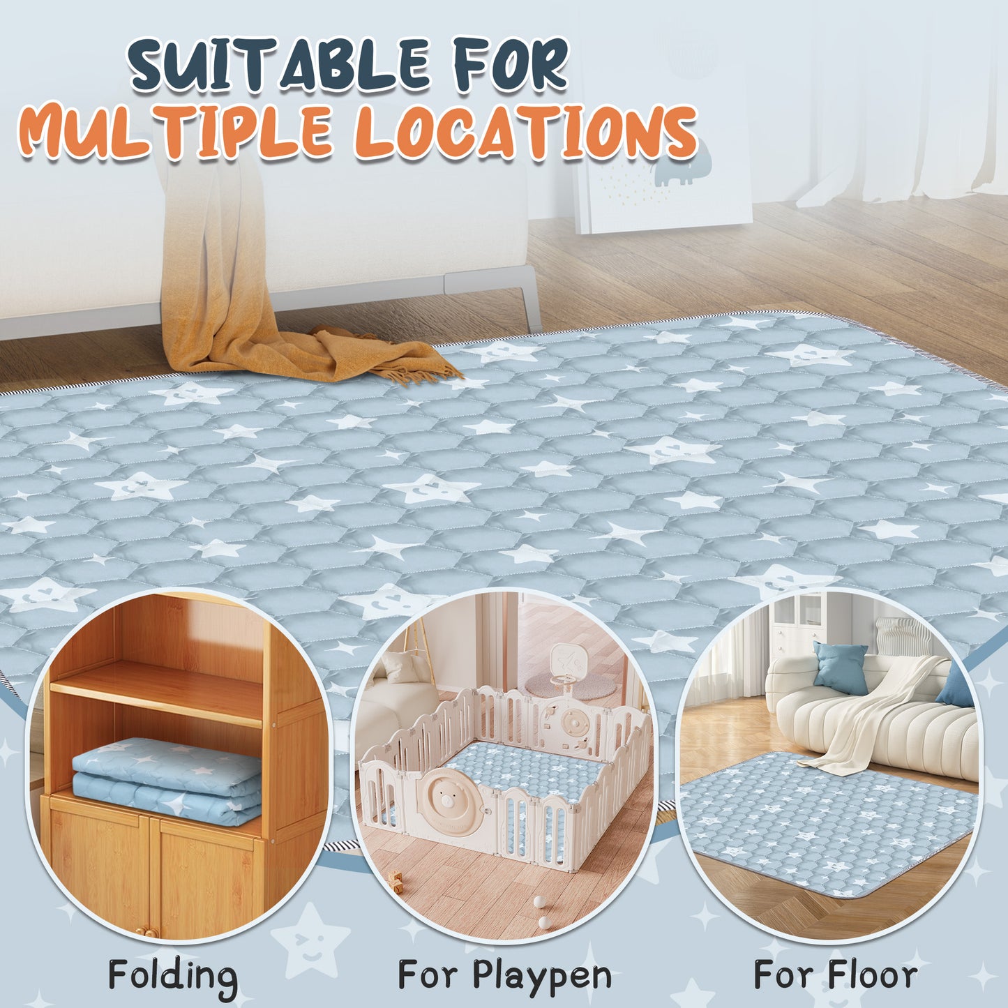 Foldable Baby Play Mat 50in*50in, HDJ Baby Mat for Floor Playpen, Portable Crawling Mat for Babies Toddlers Infants, Blue