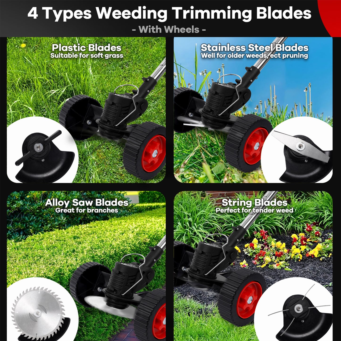 Cordless String Trimmer, HDJ 42V 48-in Telescopic Electric Weed Wacker on Wheels, Grass Trimmer with 4 Types Blades and 6000mAh Battery Powered for Garden, Yard, Black