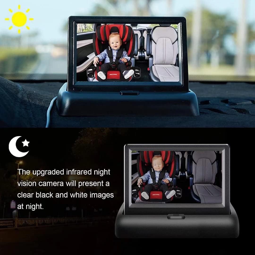 Baby Car Camera, HDJ 4.3'' HD Night Vision Function Car Mirror Display, Safety Car Seat Mirror Camera Monitored Mirror with Wide Crystal Clear View, Aimed at Baby, Easily Observe The Baby’s Move
