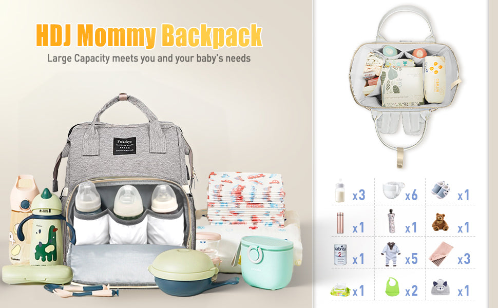 Diaper Bag Bacpack, HDJ Large Capacity Travel Diaper Bag with Insulated Milk Bottle Pocket for Mommy