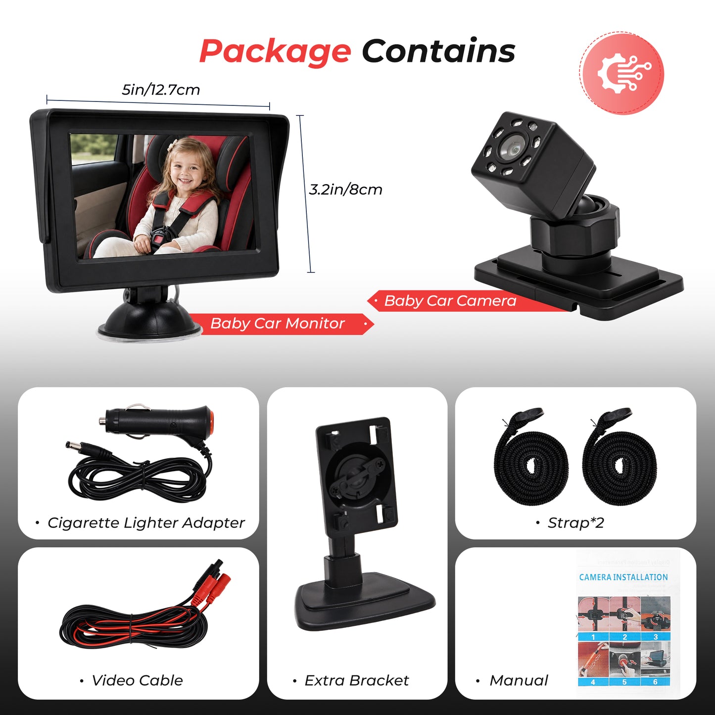HDJ Baby Car Camera, 4.3" HD Night Vision Function Car Mirror Display, 360° Adjustable Safety Car Seat Mirror Camera Monitored Mirror with Wide Clear View