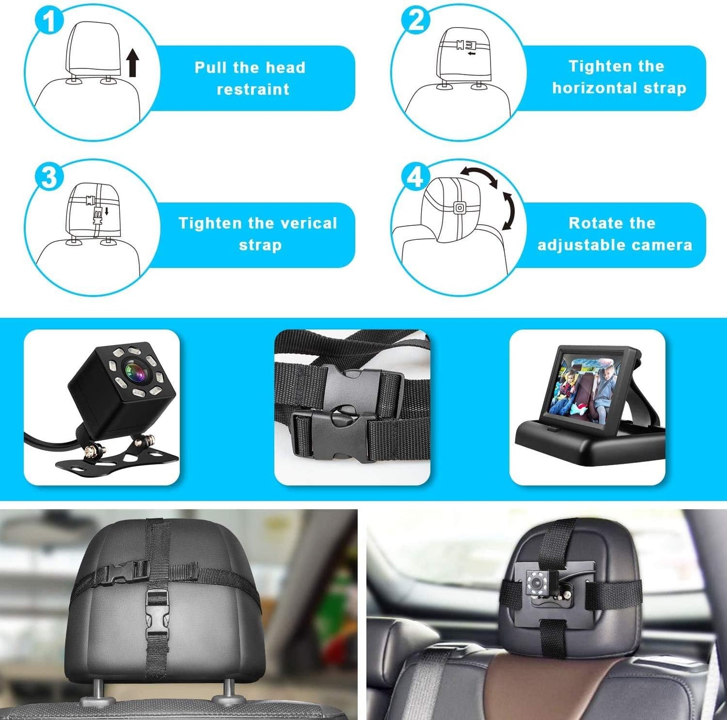 Baby Car Camera, HDJ 4.3'' HD Night Vision Function Car Mirror Display, Safety Car Seat Mirror Camera Monitored Mirror with Wide Crystal Clear View, Aimed at Baby, Easily Observe The Baby’s Move