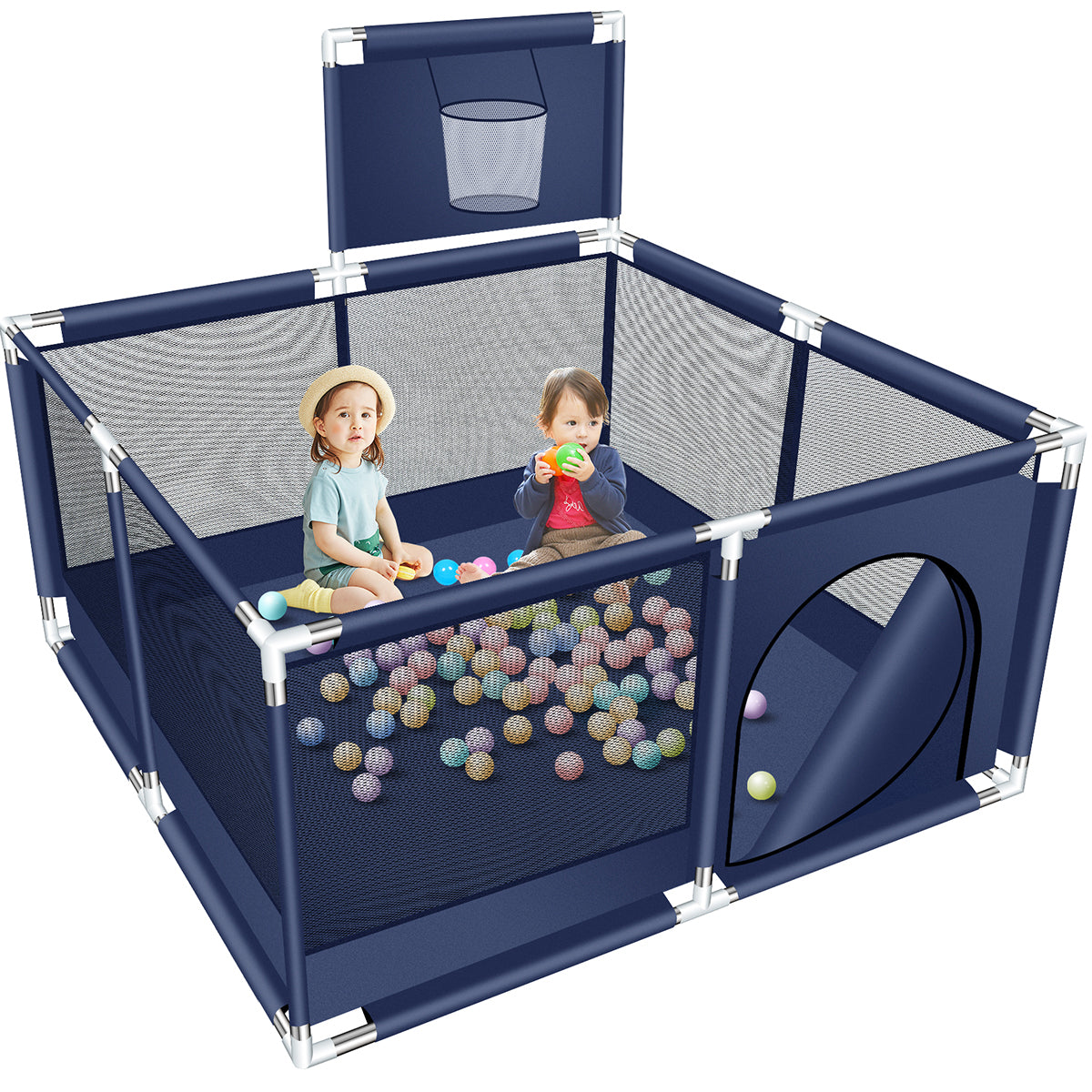 50 Inch Baby Playpen,Portable Playard Fence with Basketball Hoop Breathable Mesh for Indoors Outdoors Infant Toddler Kids