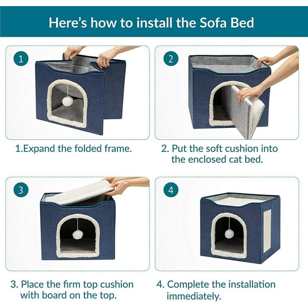 HDJ Cat Bed with Scratch Pad, Cat House with Fluffy Ball Hanging for Cat, Dog,Pets ,16.5x16.5x14 inches