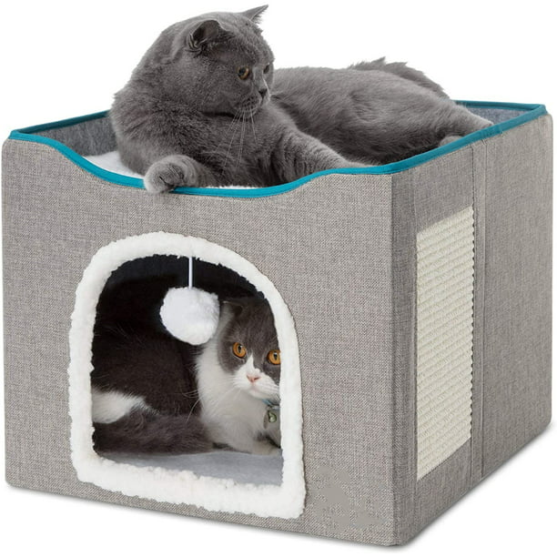 HDJ Cat Bed with Scratch Pad, Cat House with Fluffy Ball Hanging for Cat, Dog,Pets ,16.5x16.5x14 inches