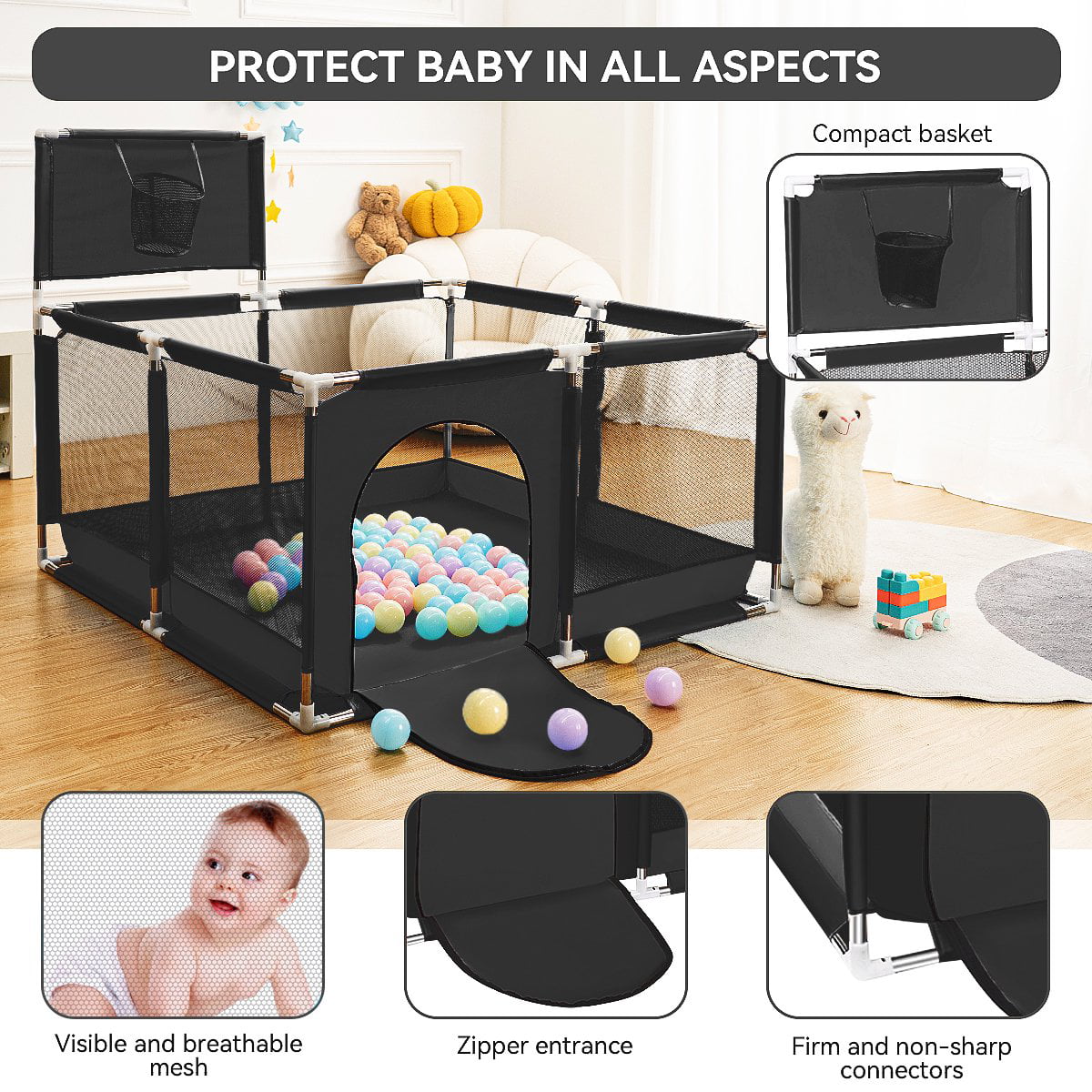 Baby Playpen,HDJ 50 inch Baby Playard with Basketball Hoop,Baby Fence Infant Play Yard for Boy and Girls Gift