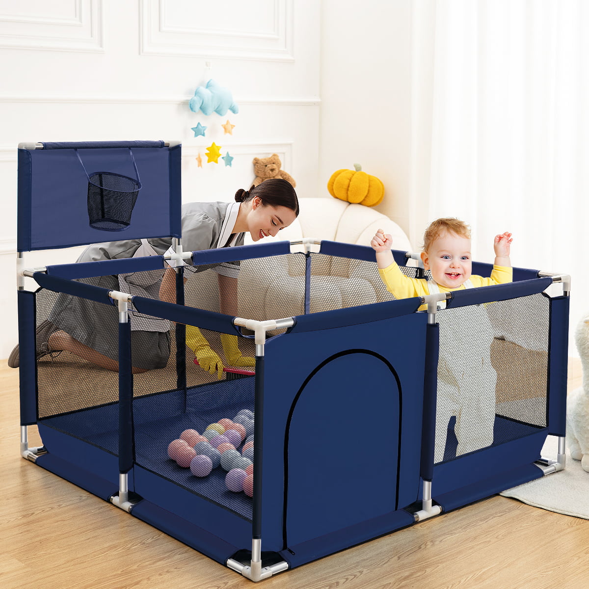 Baby Playpen,HDJ 50 inch Baby Playard with Basketball Hoop,Baby Fence Infant Play Yard for Boy and Girls Gift