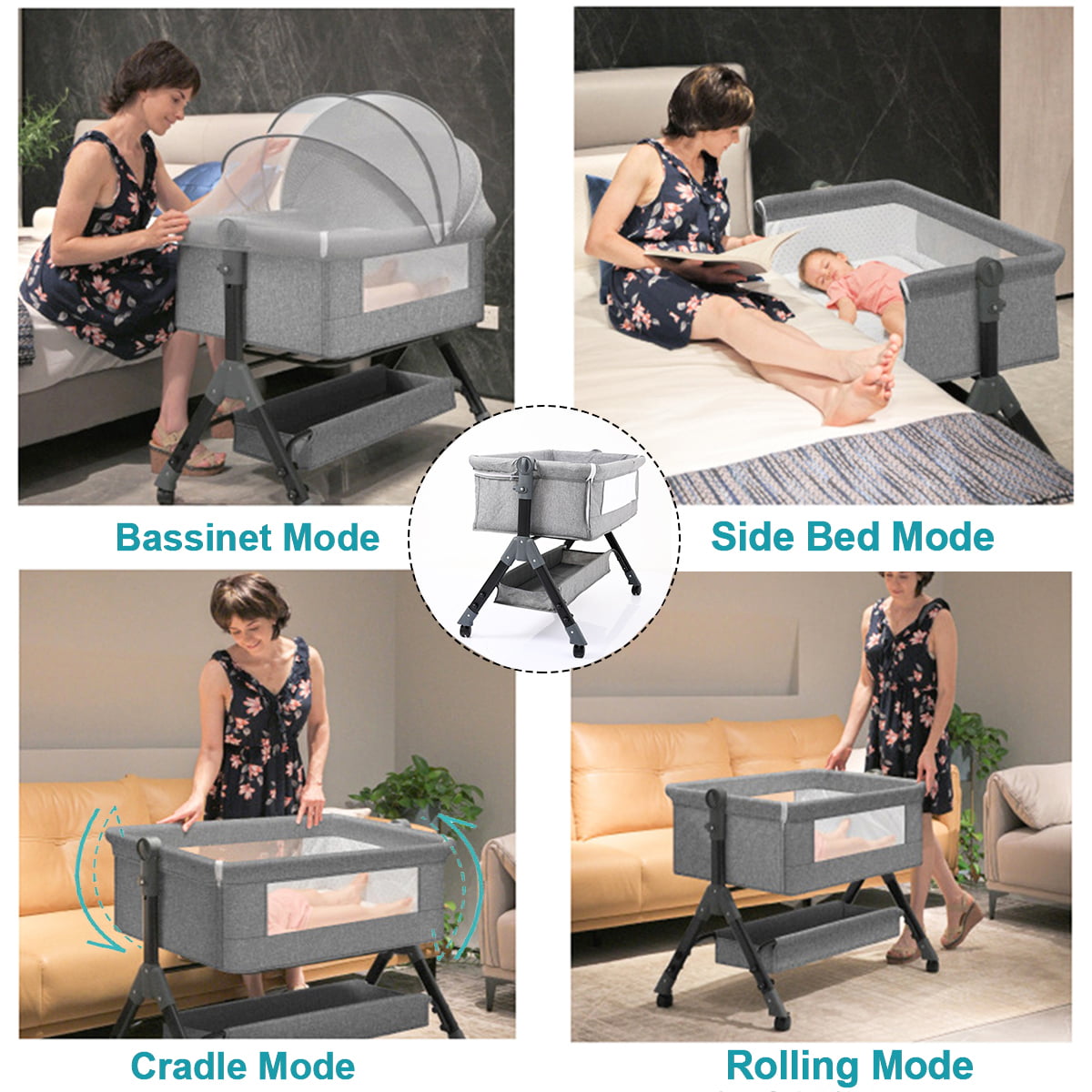 Baby Bassinet for Infant,Adjustable Bedside Sleeper with 360° Wheel and Storage Basket,Crib for Newborns