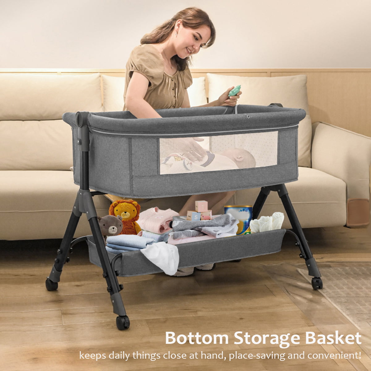 Baby Bassinet for Infant,Adjustable Bedside Sleeper with 360° Wheel and Storage Basket,Crib for Newborns