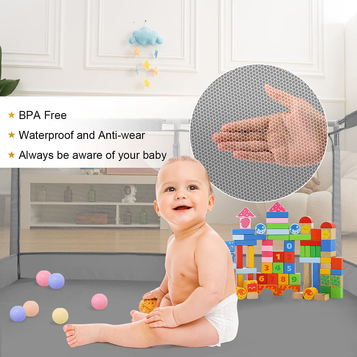 Baby Playpen,HDJ 50 inch Baby Playard with Basketball Hoop,Baby Fence Infant Play Yard for Boy and Girls Gift