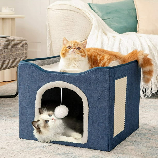 HDJ Cat Bed with Scratch Pad, Cat House with Fluffy Ball Hanging for Cat, Dog,Pets ,16.5x16.5x14 inches
