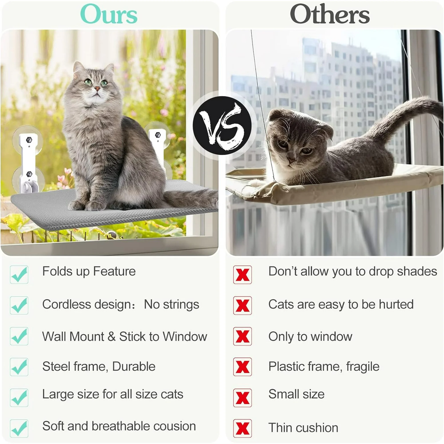 Cat Window Perch, HDJ Kitten Hammock & Shelf for Wall ,Foldable Pet Beds for Indoor Cat, Gray