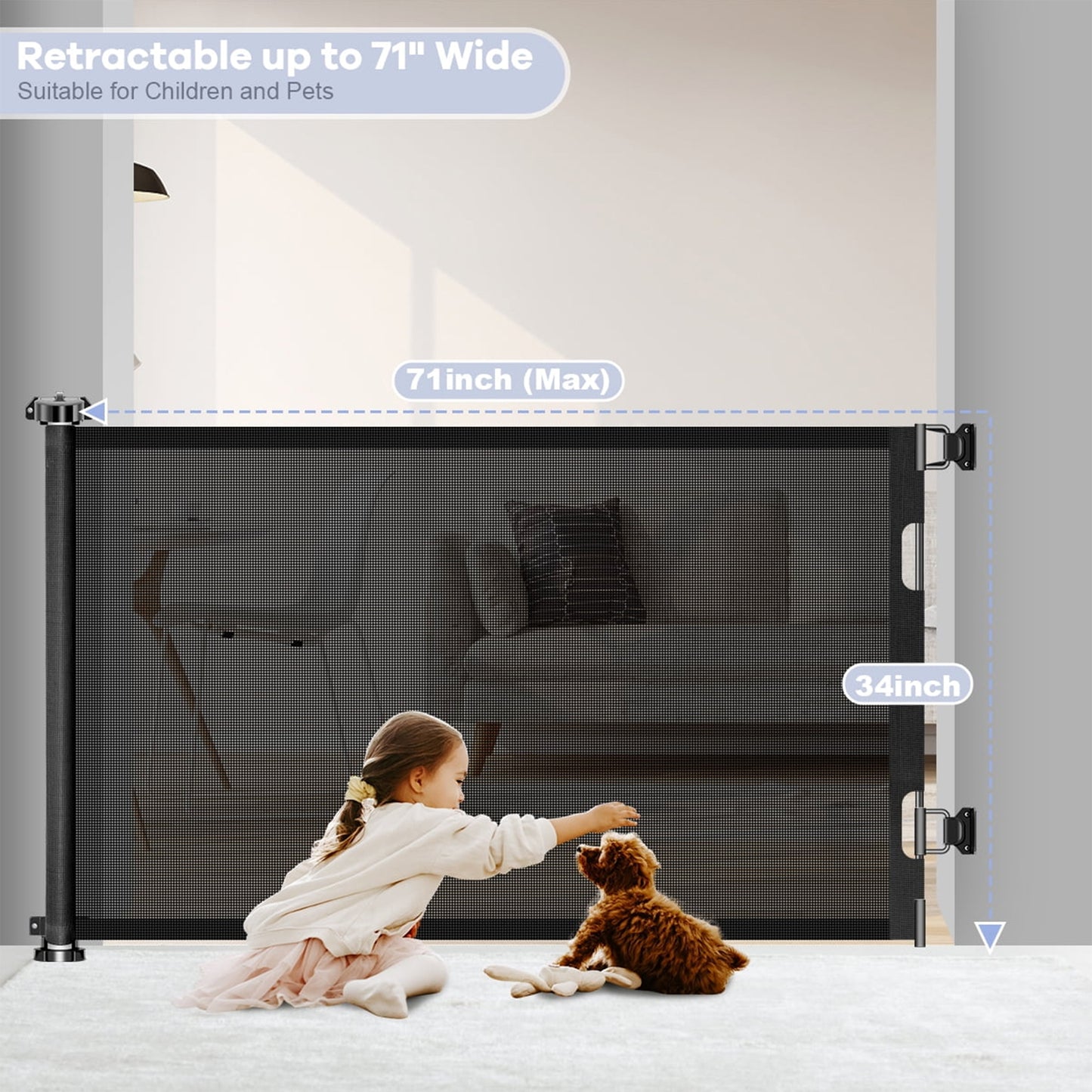 HDJ 71in Retractable Baby Gate,34in Tall Mesh Baby Safety Gate for Stairs,Metal Auto-Lock Dog Gate,Extra Wide,Grey/Black