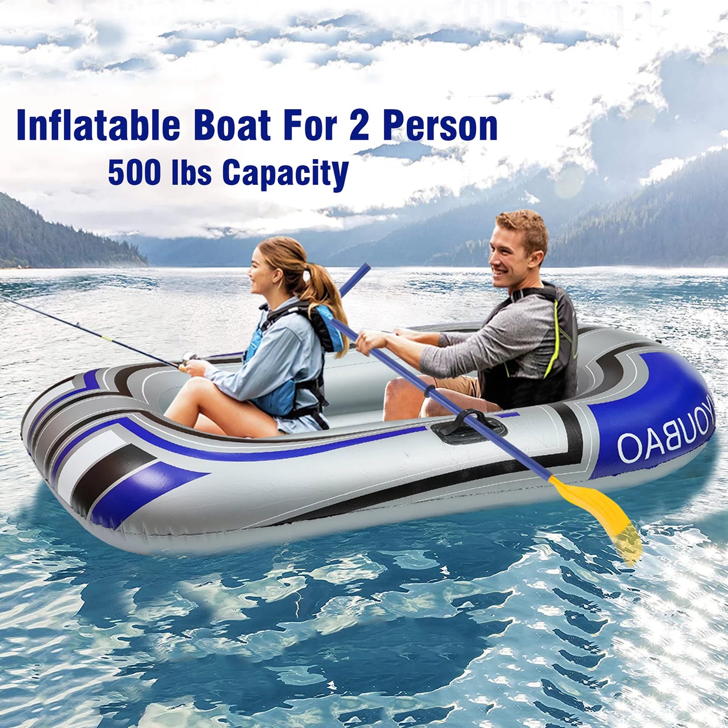 Inflatable Boat,2 Person 74 inch Inflatable Raft Fishing Boat with 2 Oars and Pump