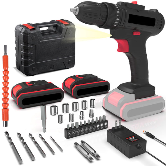 HDJ 21V Max Cordless Drill with 2 Batteries, 3/8'' Electric Drill Drivers Set Variable Speed ,Black