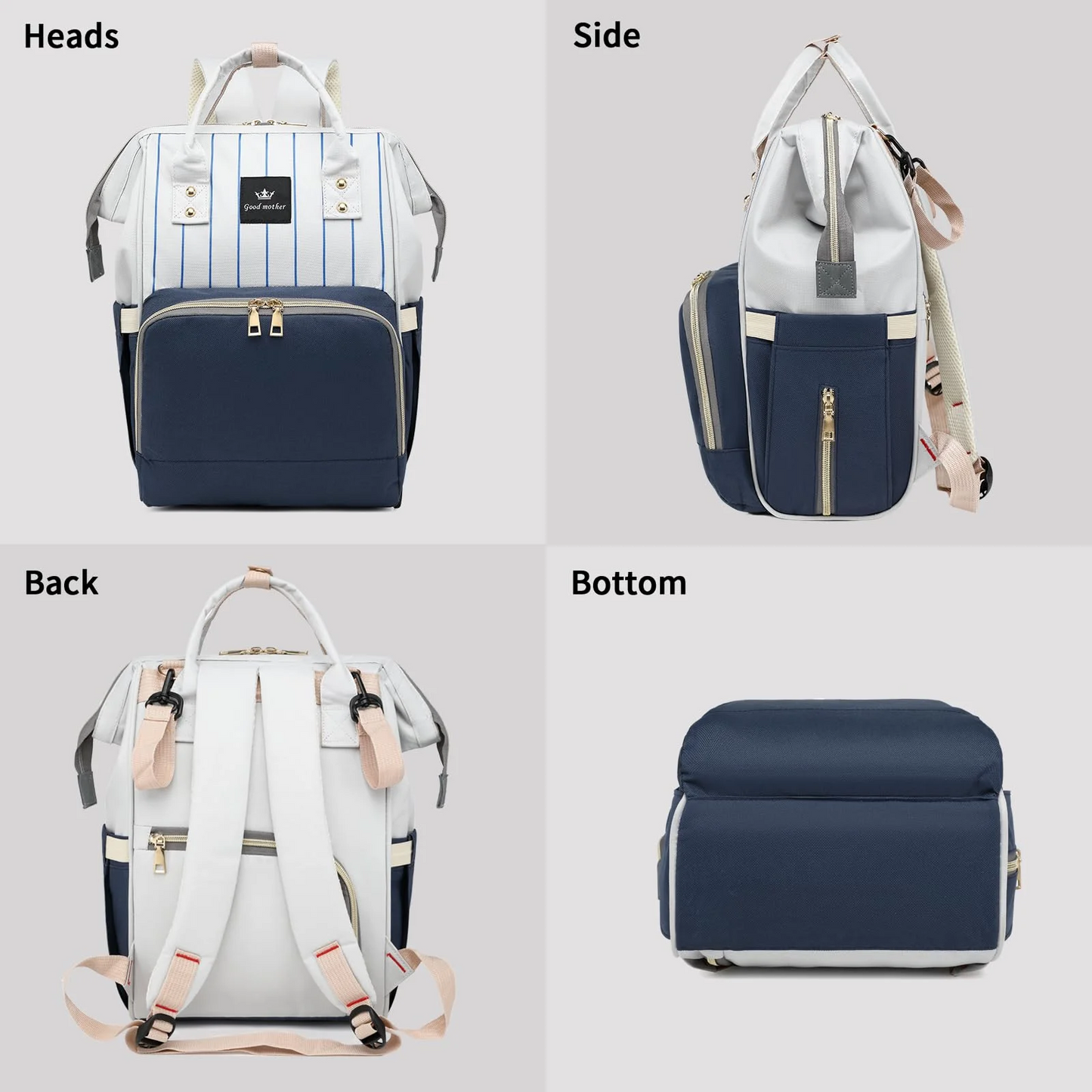 Diaper Bag Bacpack, HDJ Diaper Bag for Travel, Large Capacity Bacpack with Insulated Milk Bottle Pocket for Mommy,Navy/Black
