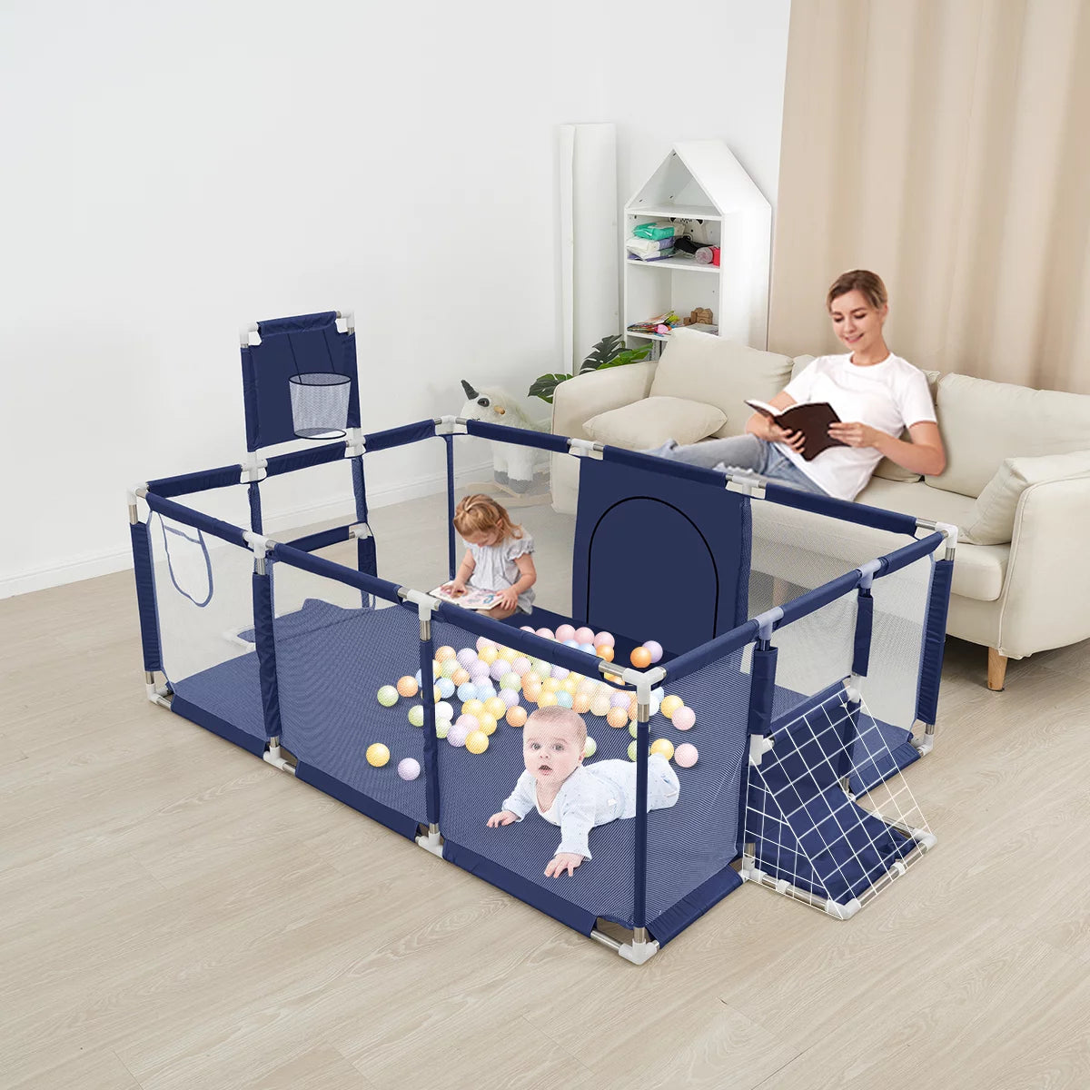 Baby Playpen,71 Inch Extra Large Baby Playard With Basketball Hoop and Breathable Mesh, Baby Play Fence for Indoors Outdoors