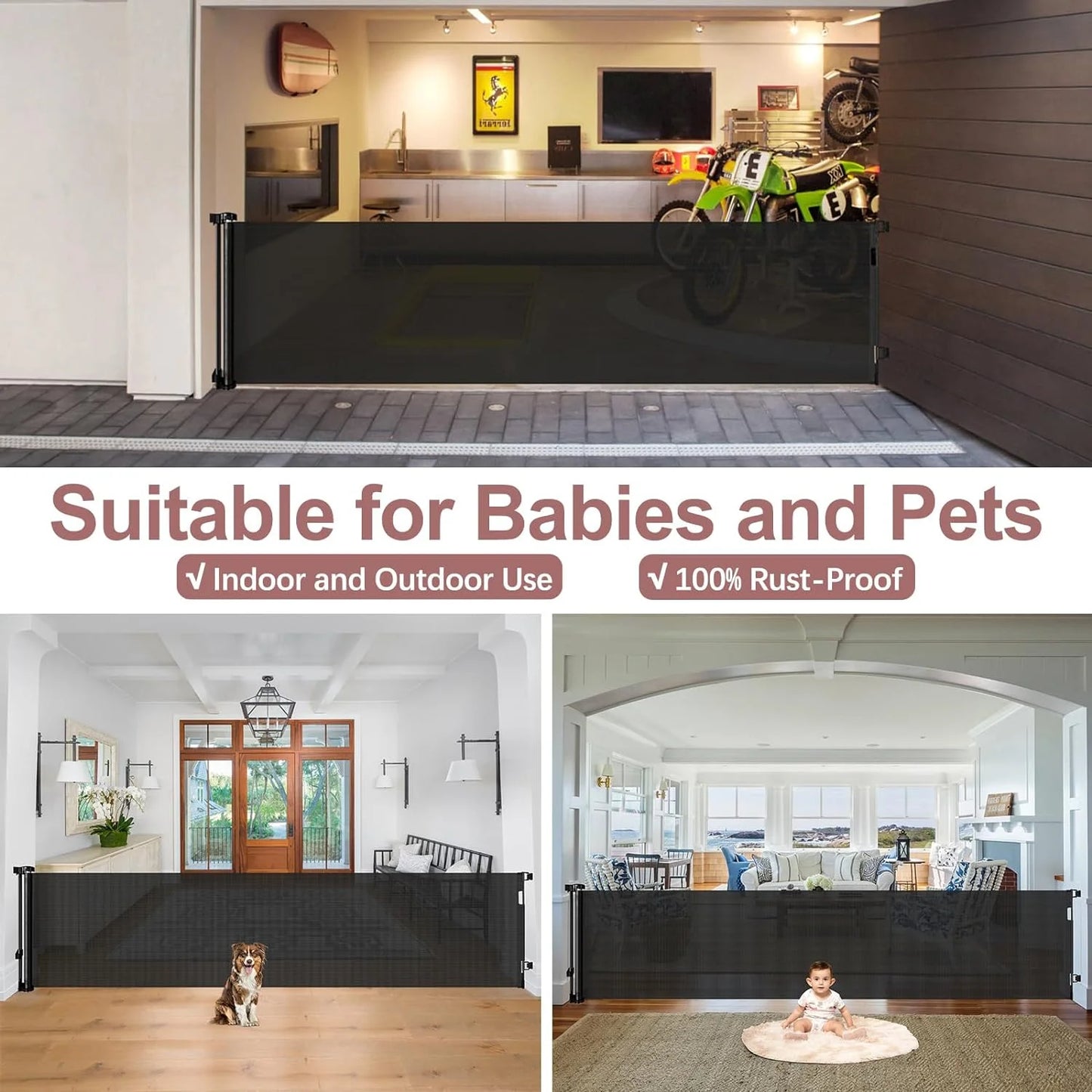 Retractable Baby Gate,HDJ 120inch Extra Wide Baby Safety Gate for Stairs,Metal Dog Gate,Black
