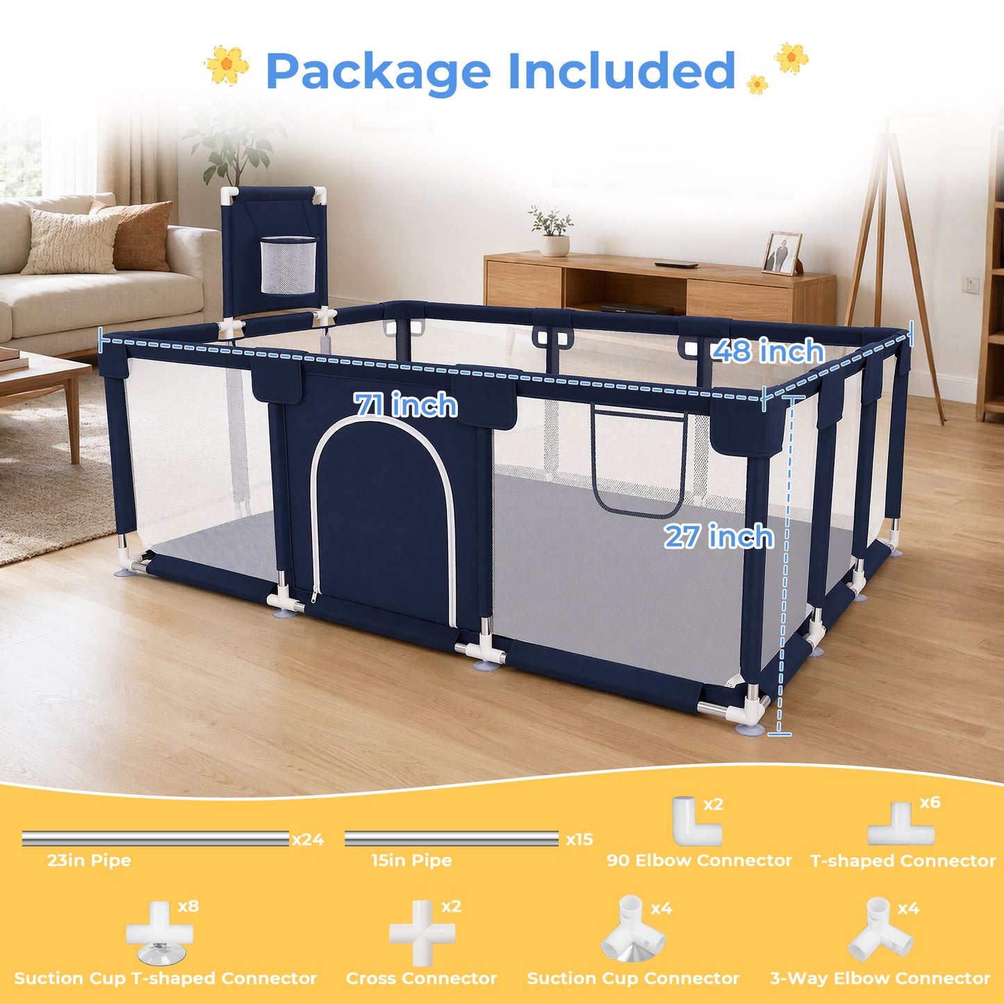 Baby Playpen, HDJ 71 inch Extra Large Baby Playard with Basketball Hoop, Toddlers Play Yard Fence for Indoors Outdoors, Black/Blue/Gray
