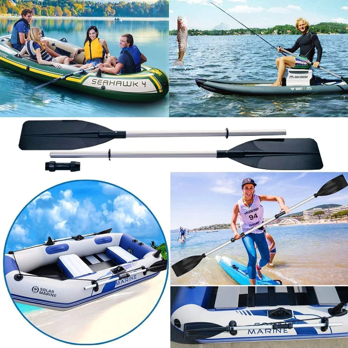 Kayak Paddle, HDJ Detachable 2 in 1 Lightweight Ribbed Blade Aluminium Alloy Canoe Boat Oars with Anti-Slip Grip,Black