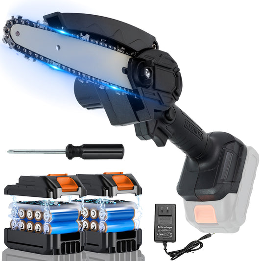 HDJ 6 Inch Cordless Mini Chainsaw with 2PCS 10000mah Batteries,Electric Chainsaw One-Hand Pruning Shears for Wood Cutting Tree Branch Trimming, Black
