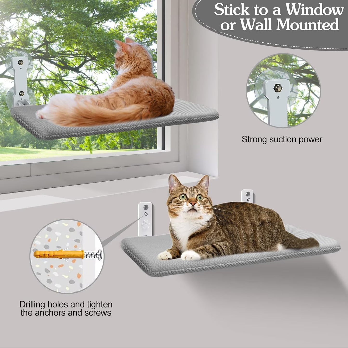 Cat Window Perch, HDJ Kitten Hammock & Shelf for Wall ,Foldable Pet Beds for Indoor Cat, Gray