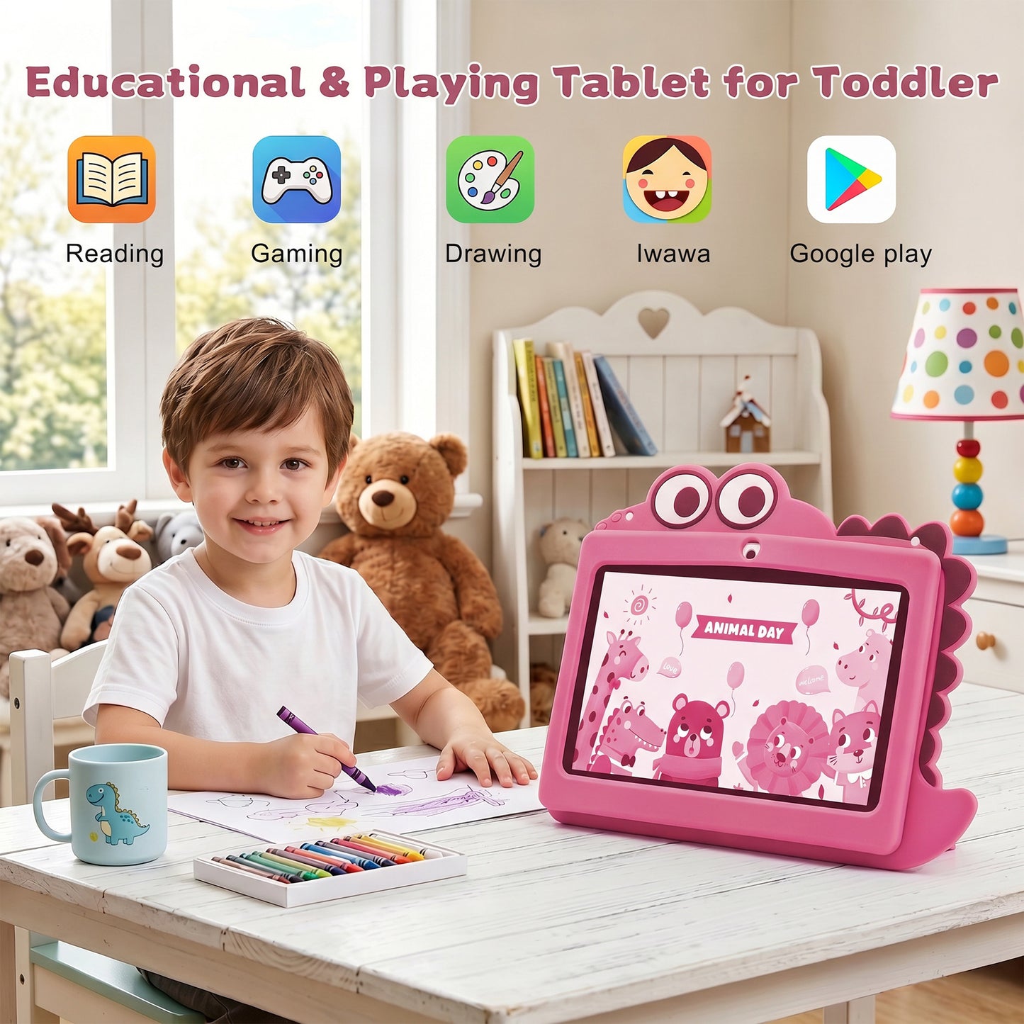 Kids Tablet, HDJ 7 inch Tablet for Children with Parent Control,32GB Android 13,WiFi,Bluetooth, Green/Pink