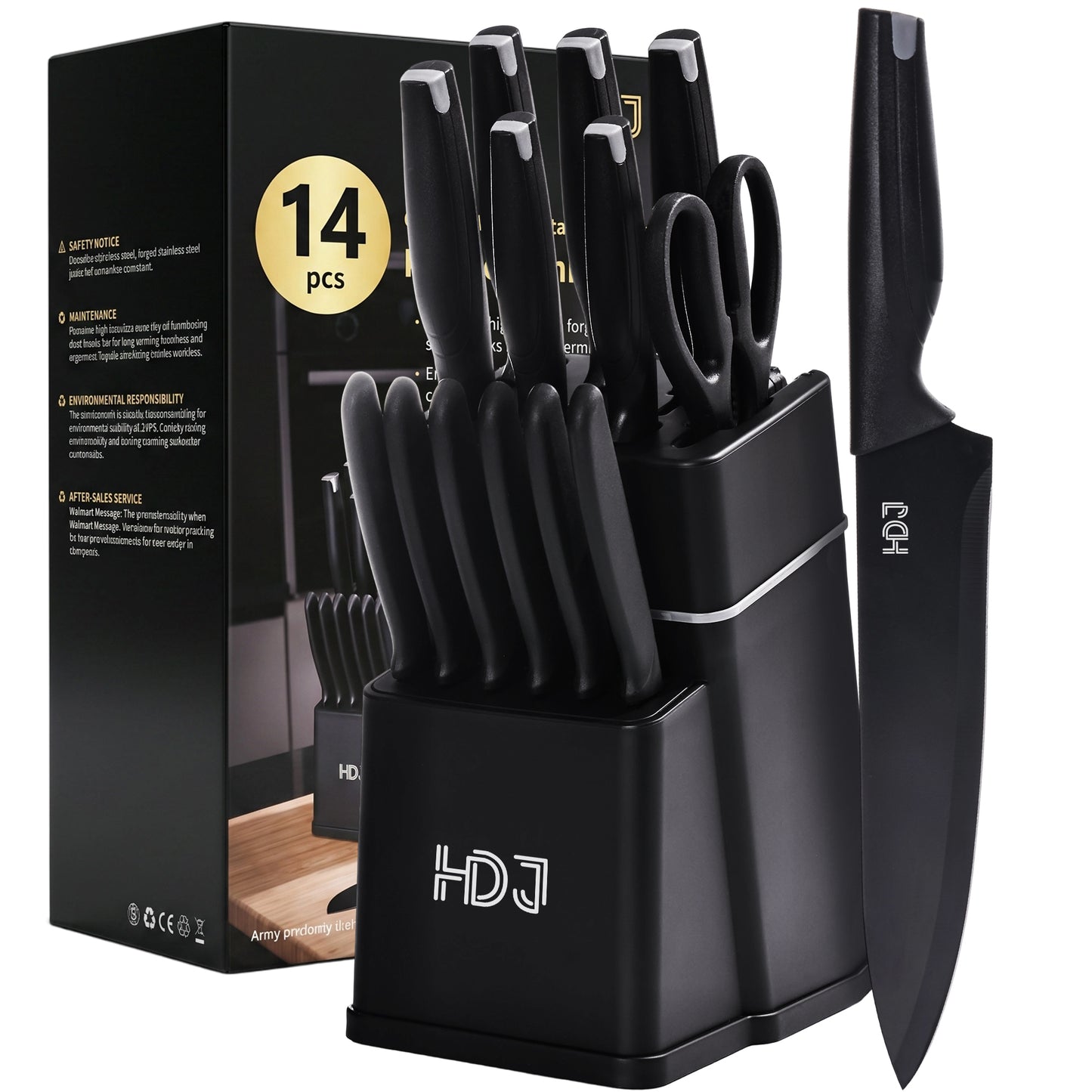 HDJ Kitchen Knife Set, 14Pcs Knife Set with Block and Built-in Sharpener, Healthy Anti-Rust Coating, Black