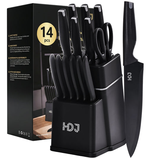 HDJ Kitchen Knife Set, 14Pcs Knife Set with Block and Built-in Sharpener, Healthy Anti-Rust Coating, Black