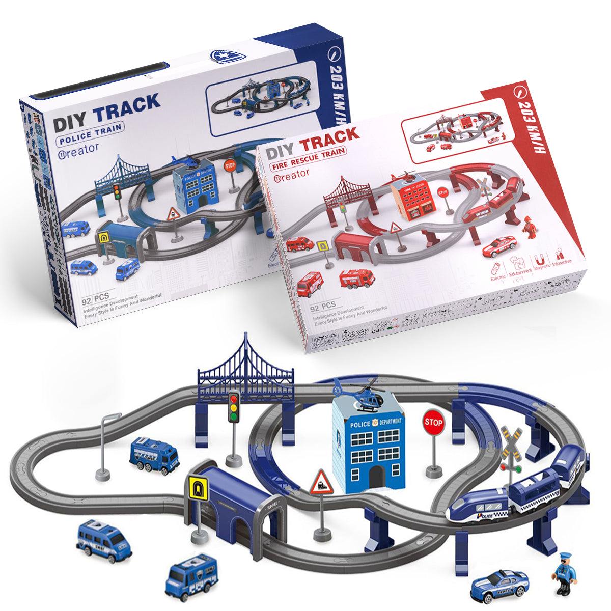 Toys Train Set for Kids, HDJ 92PCS Race Track Set for Boys Christmas Birthday Gift ,Police Toy with Cars, Copter