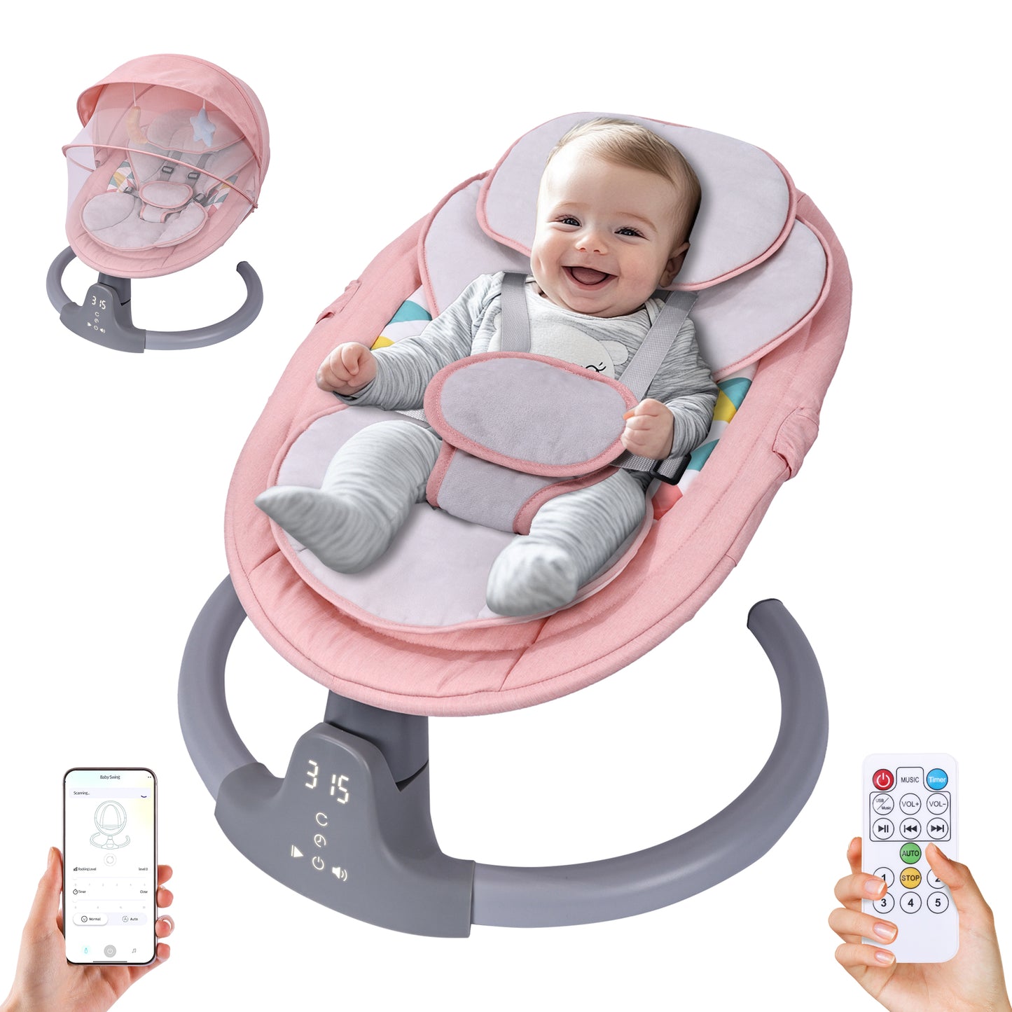 Baby Swing, HDJ Baby Swing for Infants, Portable Electric Baby Rocker with 5 Sway Speed, 10 Songs, APP Remote and Touch Screen Control, Bluetooth Music, Pink