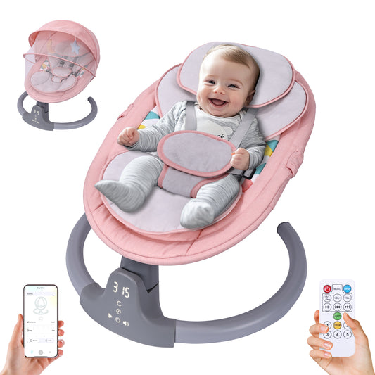 Baby Swing, HDJ Baby Swing for Infants, Portable Electric Baby Rocker with 5 Sway Speed, 10 Songs, APP Remote and Touch Screen Control, Bluetooth Music, Pink