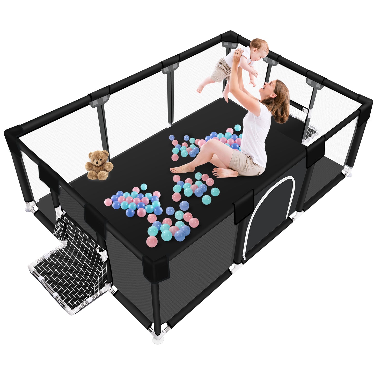 Baby Playpen, HDJ 71 inch Extra Large Baby Play Yard with Soft Breathable Mesh, Play Fence for Infant and Toddlers, Anti-Slip Base,, Blue/Gray/Black