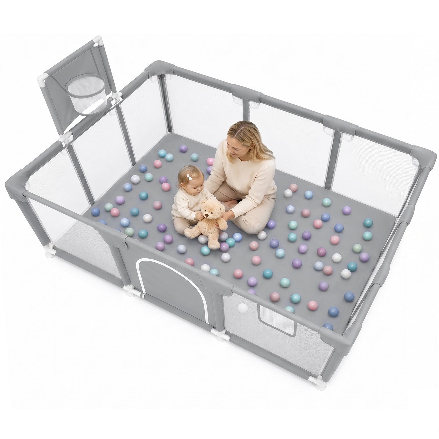 Baby Playpen, HDJ 71 inch Extra Large Baby Playard with Basketball Hoop, Toddlers Play Yard Fence for Indoors Outdoors, Black/Blue/Gray