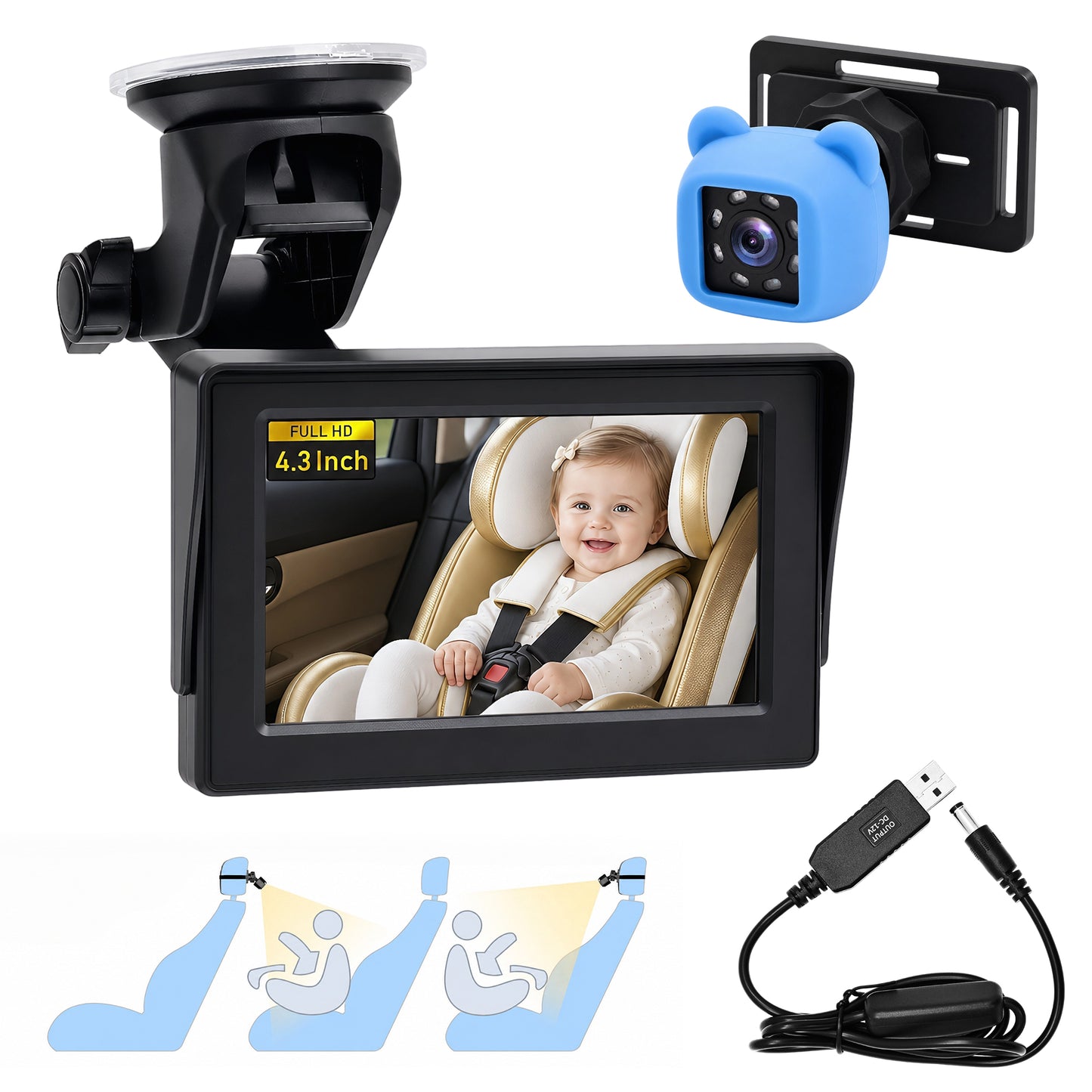 HDJ Baby Car Camera, 4.3" HD Night Vision Function Car Mirror Display, 360° Adjustable Safety Car Seat Mirror Camera Monitored Mirror with Wide Clear View, Easily Observe Baby’s Move