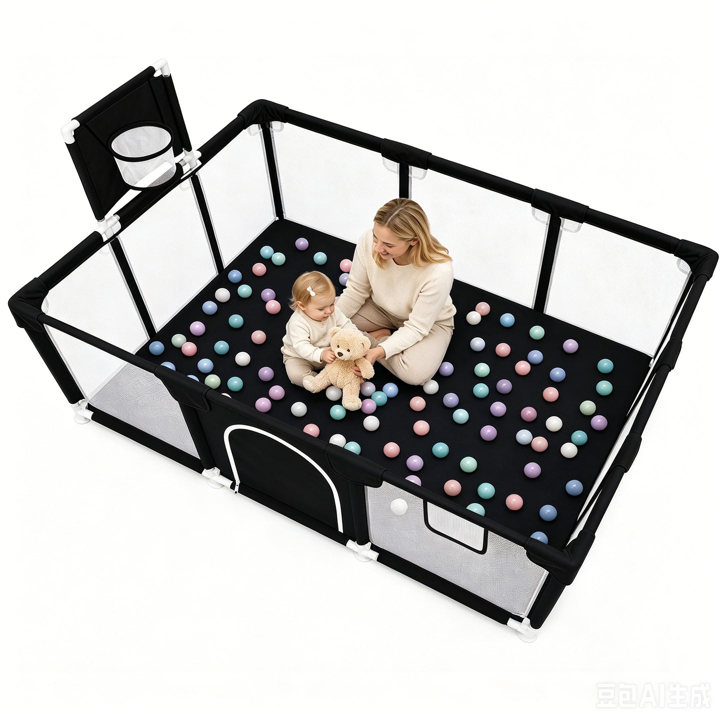 Baby Playpen, HDJ 71 inch Extra Large Baby Playard with Basketball Hoop, Toddlers Play Yard Fence for Indoors Outdoors, Black/Blue/Gray
