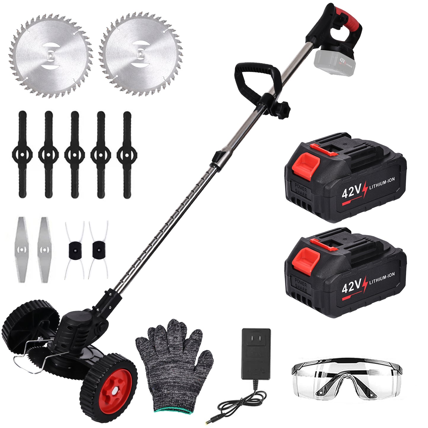 Cordless String Trimmer, HDJ 42V 48-in Telescopic Electric Weed Wacker on Wheels, Grass Trimmer with 4 Types Blades and 6000mAh Battery Powered for Garden, Yard, Black