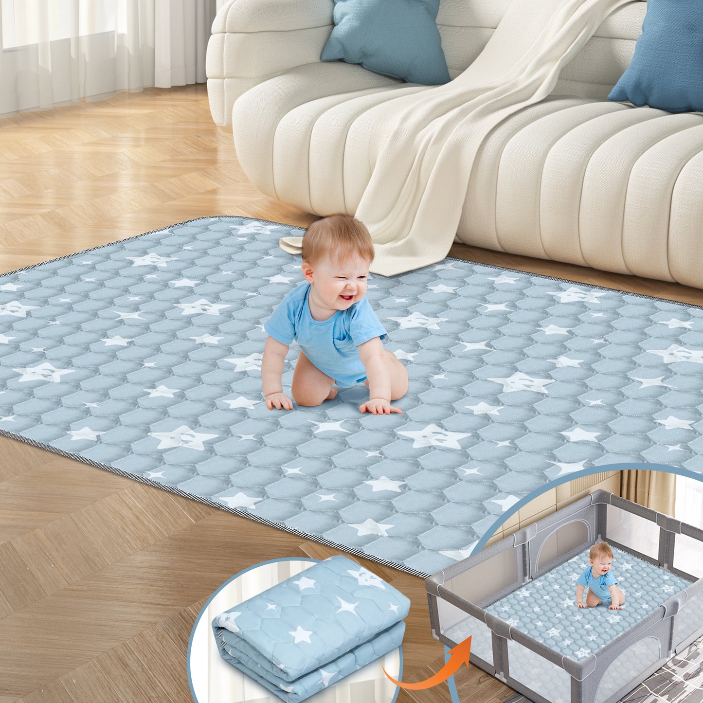 Foldable Baby Play Mat 79in*71in, HDJ Baby Mat for Floor Playpen, Portable Crawling Mat for Babies Toddlers Infants, Blue
