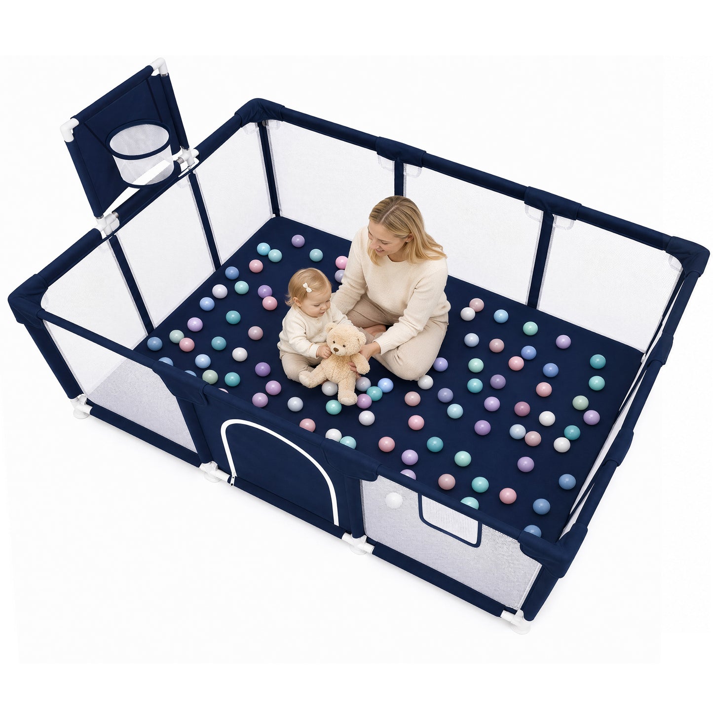 Baby Playpen, HDJ 71 inch Extra Large Baby Playard with Basketball Hoop, Toddlers Play Yard Fence for Indoors Outdoors, Black/Blue/Gray