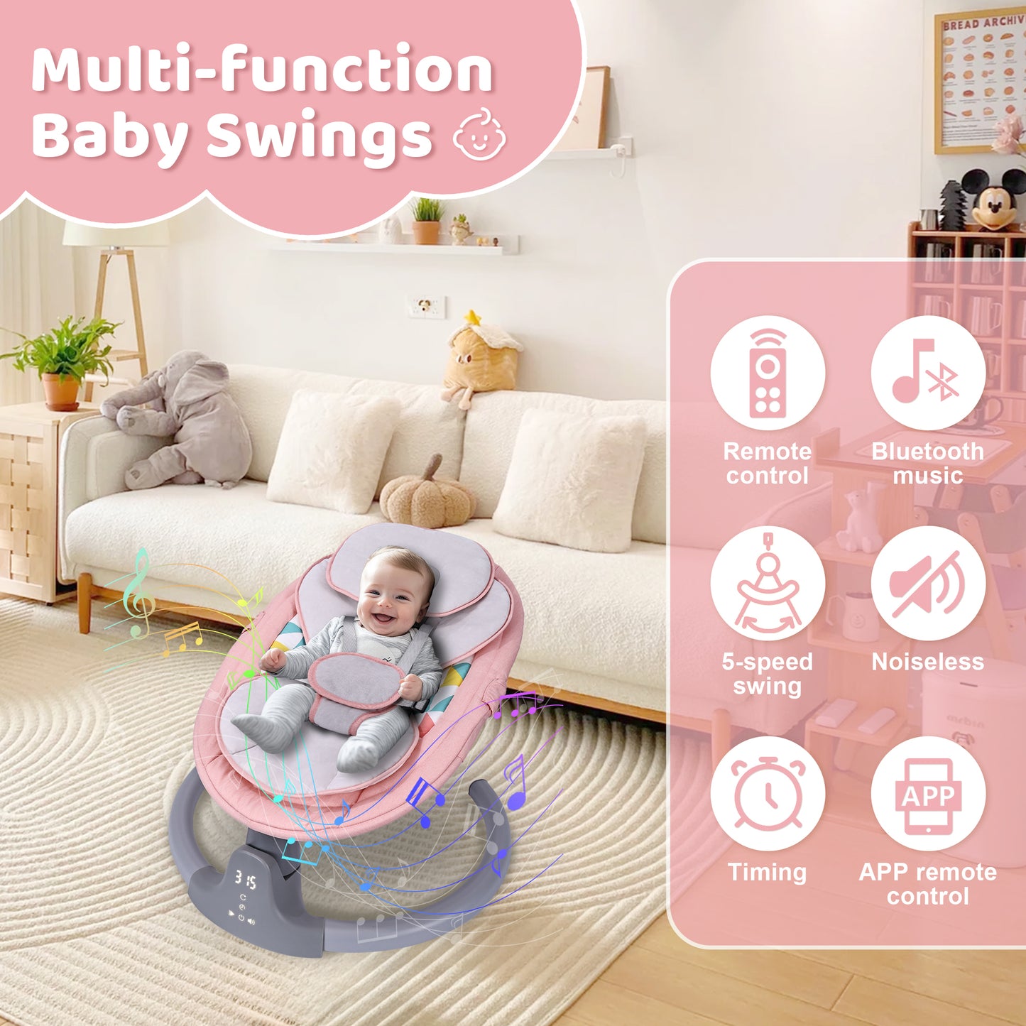 Baby Swing, HDJ Baby Swing for Infants, Portable Electric Baby Rocker with 5 Sway Speed, 10 Lullabies, APP Remote and Touch Screen Control, Bluetooth Music, Grey/Pink