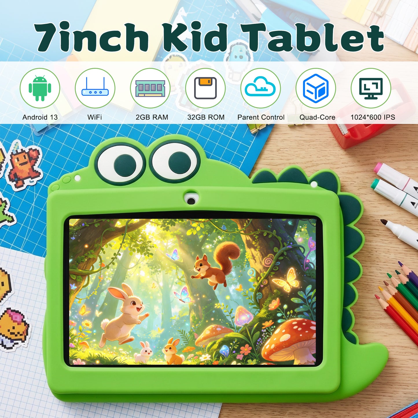 Kids Tablet, HDJ 7 inch Tablet for Children with Parent Control,32GB Android 13,WiFi,Bluetooth, Green/Pink