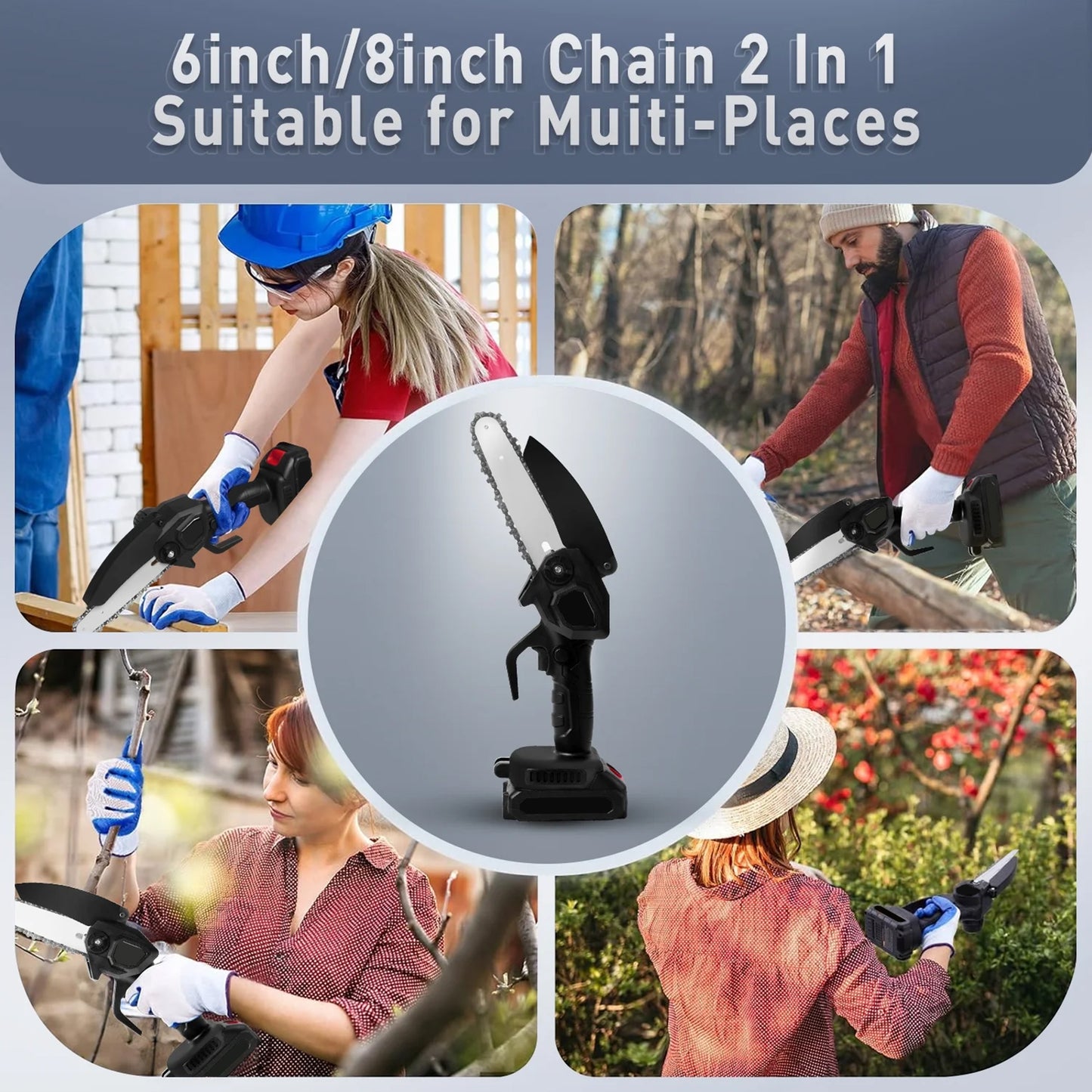 Cordless Chainsaw, HDJ Mini Chiansaw with 6 inch / 8 inch Chians, Portable Handheld Electric Chainsaw for Household & Garden